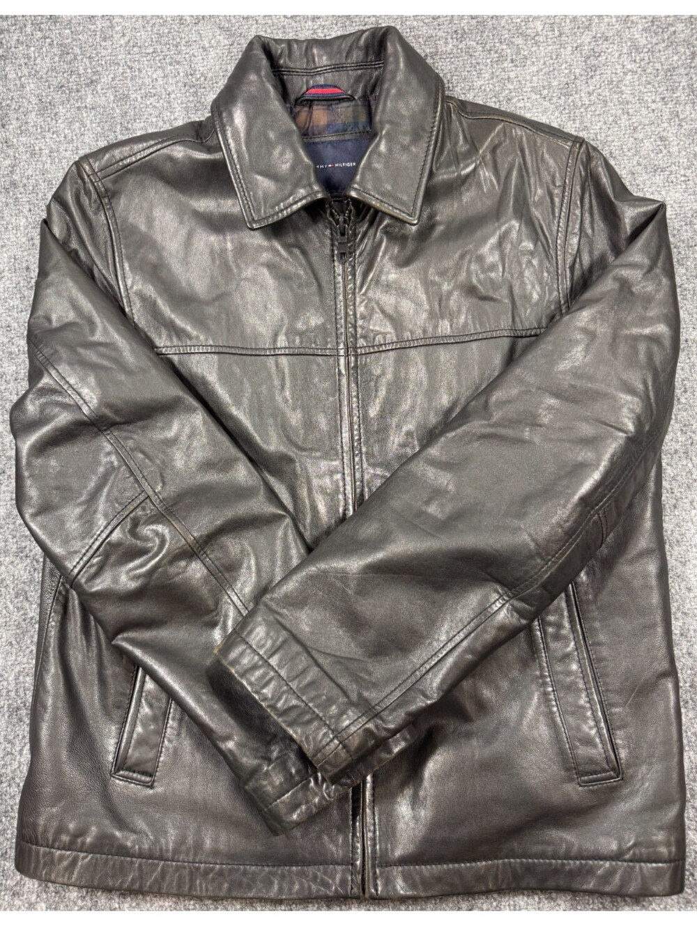 Tommy Hilfiger Mens Jacket Medium Black Quilted Lined Leather Full Zip Jacket